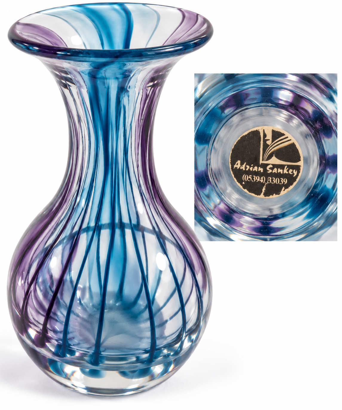 Vintage Adrian Sankey British Studio Art Glass Vase Blue Purple Swirl 6"
