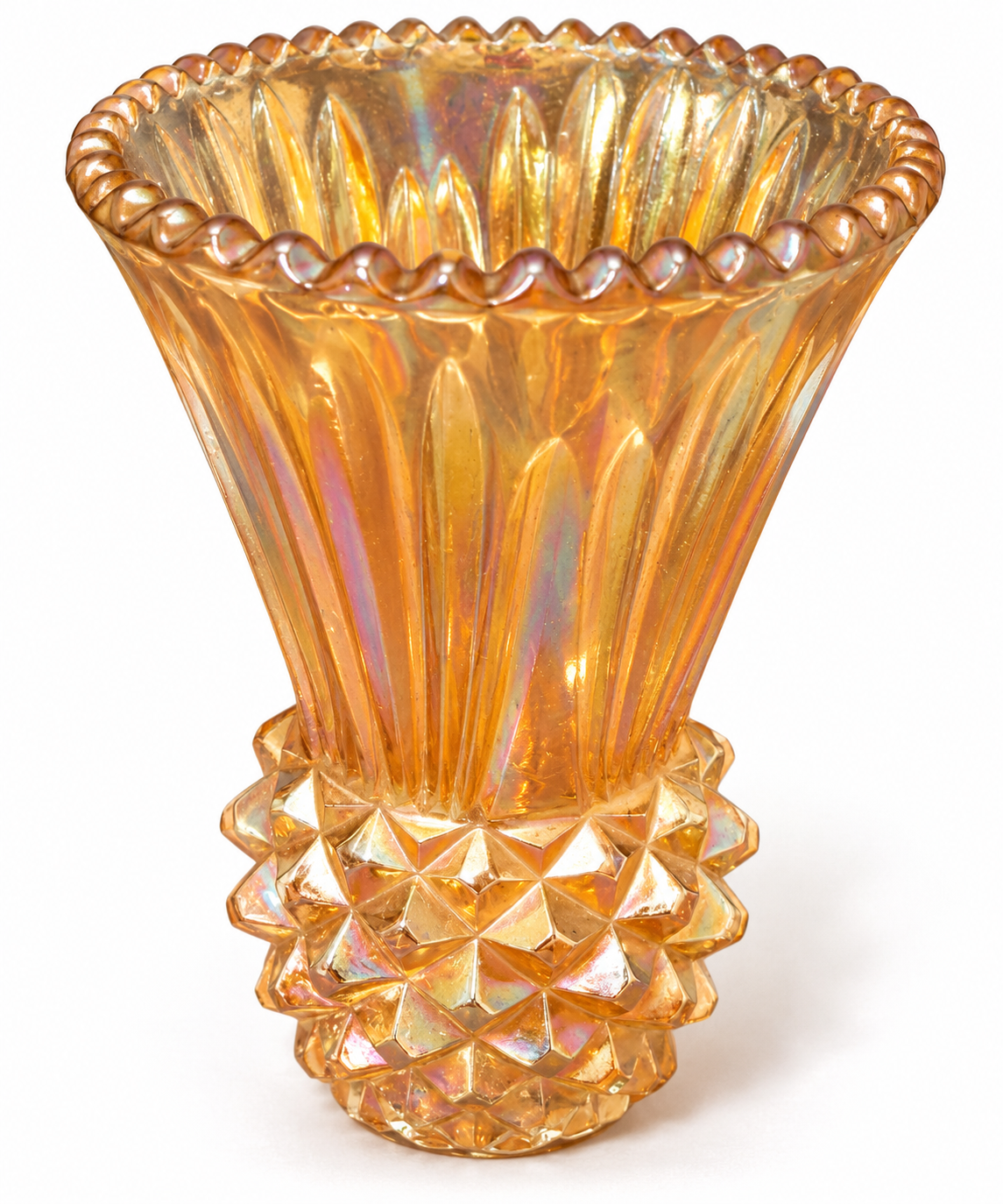 Canning Town marigold carnival glass Thistle vase, fluted body and geometric base