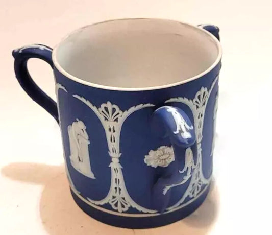 Antique WEDGWOOD JASPER Ware Cobalt Blue Loving Mug 3 handled tyg