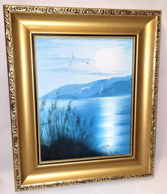 Framed Oil On canvas moonlight birds in flight signed A. Kirkham